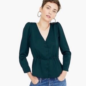 Emerald Green Peplum Blouse Puff Sleeve Button Front Romantic Chic Size 12